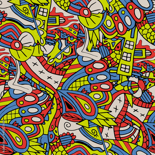 Cute abstract doodle artistic sketch seamless pattern. Background with crazy messy doodle art with different shapes, curls. Fantasy texture, textile, wrap, fabric.