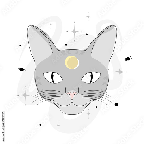 Kocia głowa na białym tle. Szary mistyczny kot z symbolem księżyca. Wektorowa gotycka magiczna ilustracja do druku na kartkach, koszulkach, ścianach lub jako grafika do postów lub social media story.