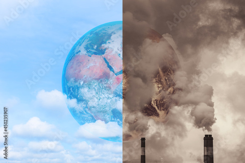 Pollution Earth compare with Clean Earth for Greenhouse effect and Global warming crisis Awareness concept.Elements of this image furnished by NASA.