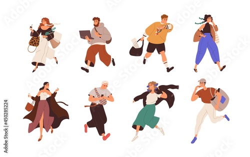 Busy people are late, running fast, hurrying and doing business on the fly. Set of man and woman rushing, working and talking on phone on the go. Flat vector illustration isolated on white background