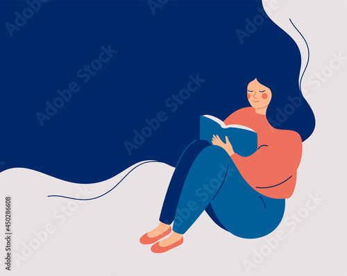 Happy woman sits and reads the book with enjoy and interest. The girl keeps her diary or takes notes. Book therapy session. Mental health concept. Vector illustration