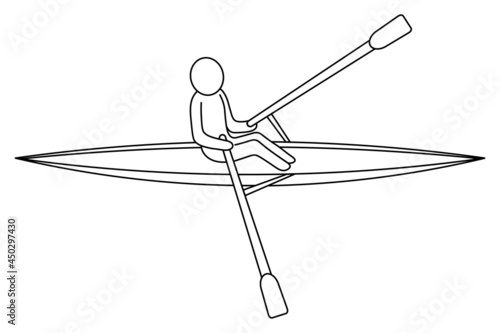 Rowing. Sketch. Vector icon. The athlete swims backwards. The man on the boat rowing the oars. Isolated white background. Coloring book for children. Doodle style. Idea for web design.