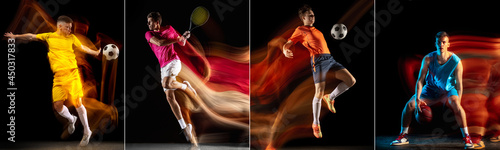 Development of motions of different kinds of sport games. Young men in action isolated over dark background in neon mix colored light.