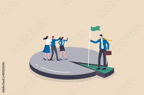 Niche market, small focused group of consumer or audience, unique or specific group of customers concept, businessman standing on small area of pie chart metaphor of niche market segment.