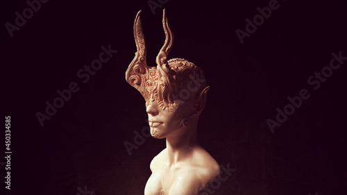 Alien Head Demon Queen Statue Ancient Face Art Sculpture 3d illustration render 