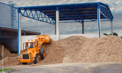 Front loader loading wood chips in pile in warehouse. Loader works at wood chips storage yard. Alternative ecological fuels. Sawdust processing, woodchip biomass heap. Pellets manufacturing