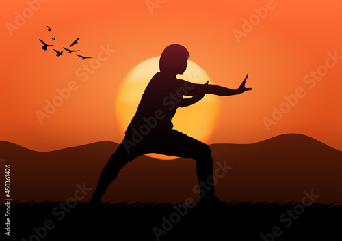 sport1graphics image drawing tai chi with sunrise and mountain landscape view outdoor concept exercise for health benefits on the morning
