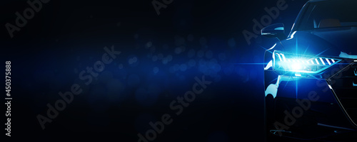 Front view of car concept. Modern sports car with lens flare on black bokeh background.