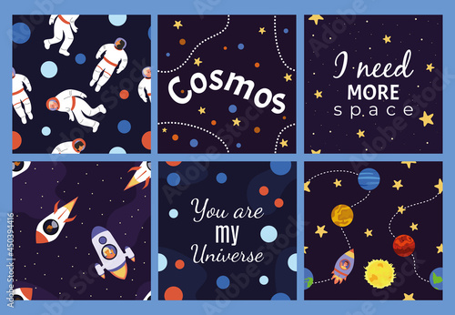 Set of posters with astronauts and cosmonauts, stars and planets, rockets and galaxy. Vector illustration. Print, parterre, lettering, wallpaper.