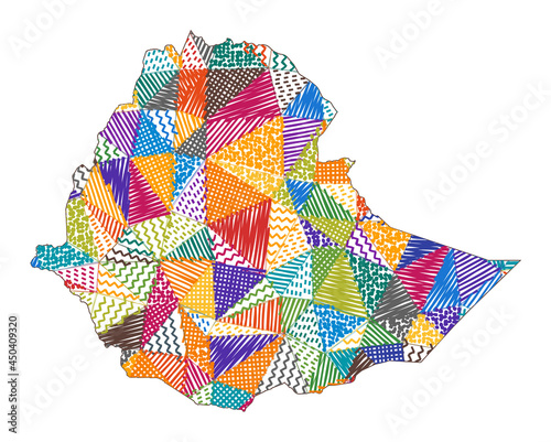 Kid style map of Ethiopia. Hand drawn polygons in the shape of Ethiopia. Vector illustration.