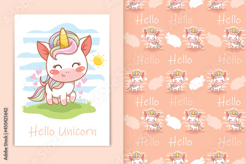 cute baby unicorn cartoon illustration and seamless pattern set
