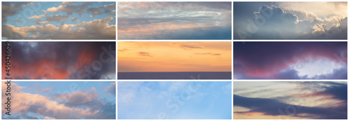 Collection of panoramic sky backgrounds. The set includes panoramas of the daytime sky and beautiful clouds at sunset.