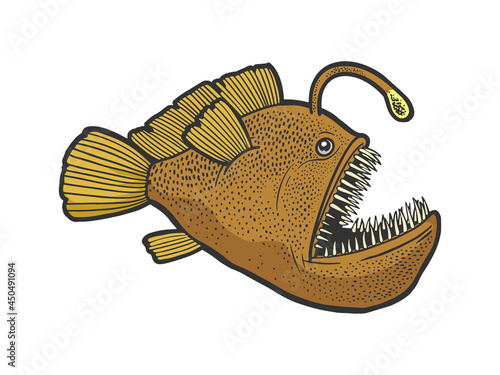 angler deep sea fish with light color sketch engraving vector illustration. T-shirt apparel print design. Scratch board imitation. Black and white hand drawn image.