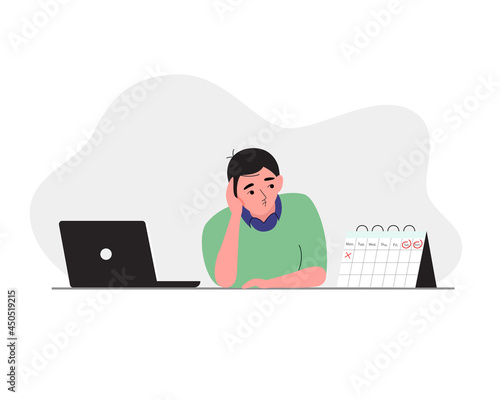 Man having boring weekdays, waiting for weekend at the office desk with laptop and calendar. Vector illustration cartoon flat style