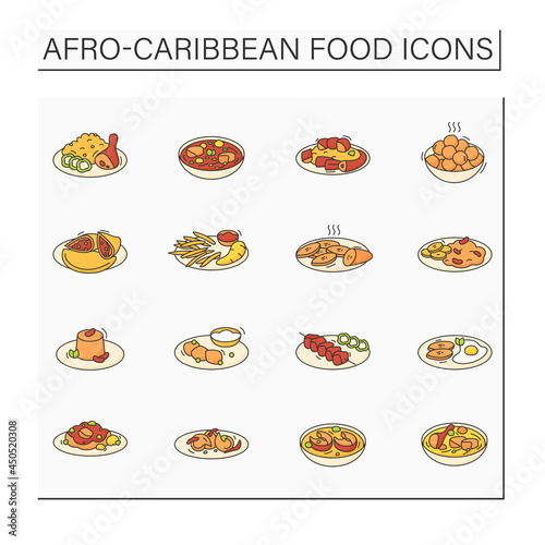 Afro-Caribbean food color icons set. Traditional dishes. Oktail, ewa rira, meat pie, akara and ogi. Local food concept. Isolated vector illustrations