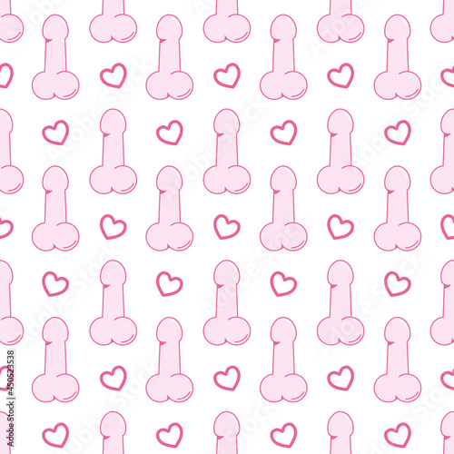 Vector seamless pattern with penis and hearts. White background with isolated elements.