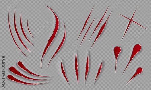 Blood scratches and cuts. Bloody scars and sharp slashes. Ripped wounds by animal paws. Halloween scary decor. Cat claws tracks vector set