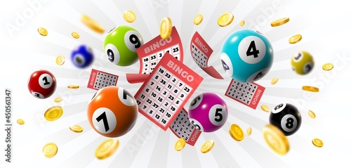 Bingo winner background with lottery tickets, balls and gold coins. Realistic keno gambling game win poster with cards burs vector concept