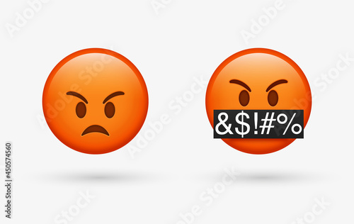 3d Red Angry emoji Face, emoticon Face with Symbols Over Mouth, Serious Face with Symbols Covering Mouth, red mad, Grumpy, angry emotion, Swearing, Grawlix, Cussing, Cursing character 