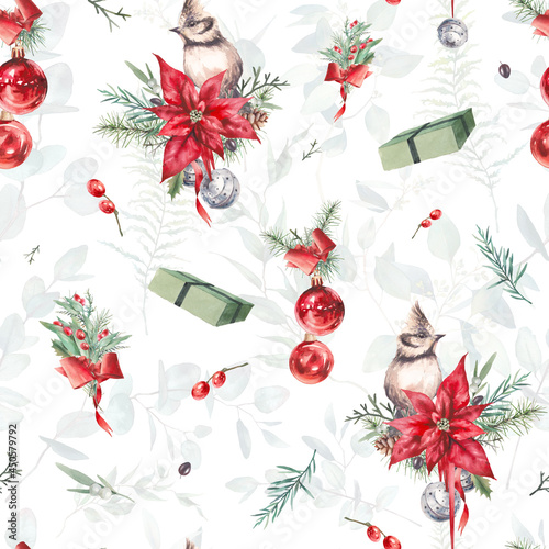Watercolor Christmas seamless pattern. Hand painted texture with birds, christmas bells, poinsettia and spruce isolated on white background. Merry Christmas surface design