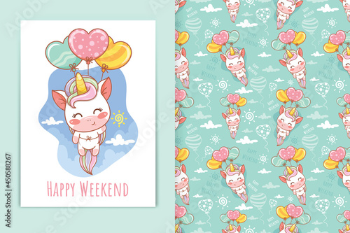 cute baby unicorn holding balloon cartoon illustration and seamless pattern set