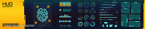 Set of User Interface elements. Collection of VR objects in cyberpunk style. Futuristic design for your application, software, framework. Future vector objects from 2077. Finger Scan, windows and bars