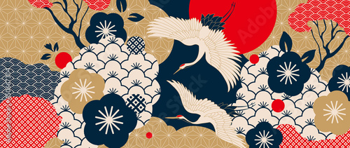 Luxury gold oriental style background vector. Chinese and Japanese oriental line art with golden texture. Wallpaper design with Cherry blossoms flower and Flamingo. Ocean and wave wall art.