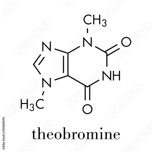 Theobromine (xantheose) chocolate alkaloid molecule. Present in cacao, tea, etc. Also used as drug. Skeletal formula.