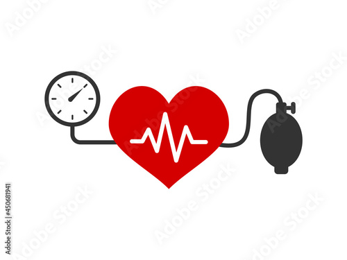 Blood pressure measuring concept. Heart shape with heartbeat line. Systolic and diastolic blood pressure measurement. Control cardiovascular disease risk factor. Vector illustration, flat, clip art.