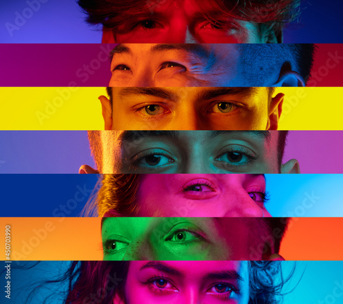 Vertical composite image of close-up male and female eyes isolated on colored neon backgorund. Multicolored stripes. Concept of equality, unification of all nations, ages and interests