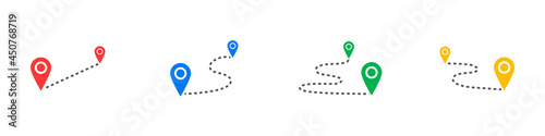 Conjunto de icono de ruta. Concepto de ubicación, punto de partida y llegada, destino. Mapa. Ilustración vectorial, diferentes colores