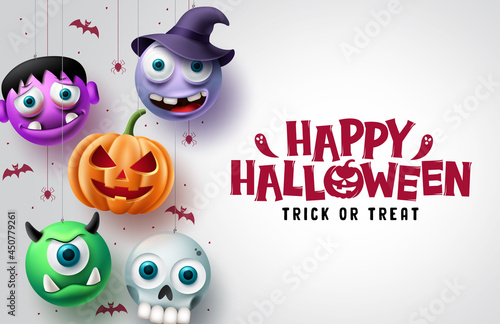 Halloween character vector background design. Happy halloween trick or treat text in white space with hanging scary pumpkin, skull, and witch horror characters. Vector illustration. 