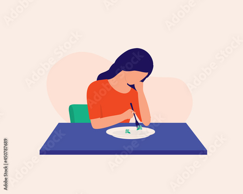 Young Depressed Woman Not Feeling Hungry And Just Eating Broccoli For Meal. Eating Disorder.