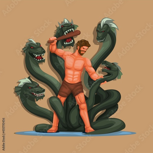 Hercules vs Hydra figure character. Greek classical Mythology story scene illustration vector