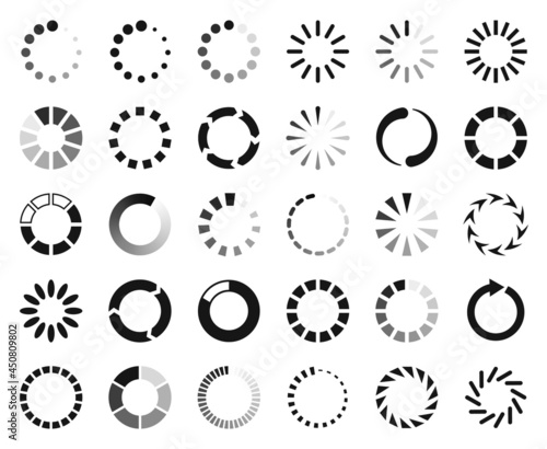 Loading icon, buffering and loader web interface symbol. Circle progress bar, website download progression, reboot icon vector set. Uploading rotating round process, different elements