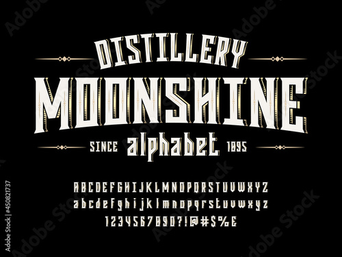 Vintage label style alphabet design with uppercase, lowercase, numbers and symbols