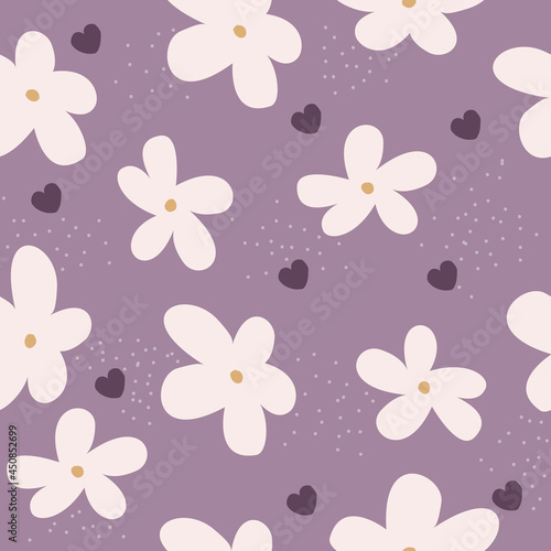 Violet seamless pattern with big flowers. Kids summer print. Vector hand drawn illustration.