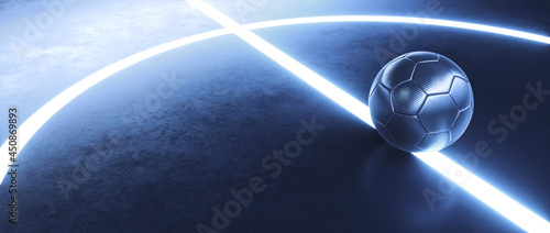 Blue futsal ball in the center of a futuristic indoor soccer field with glowing white lines background