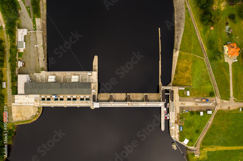 The Kamýk Hydroelectric Power Station also forms a part of the Vltava Cascade. Dam on Vltava river, Kamyk nad Vltavou, Central Bohemian region, Czech republic.