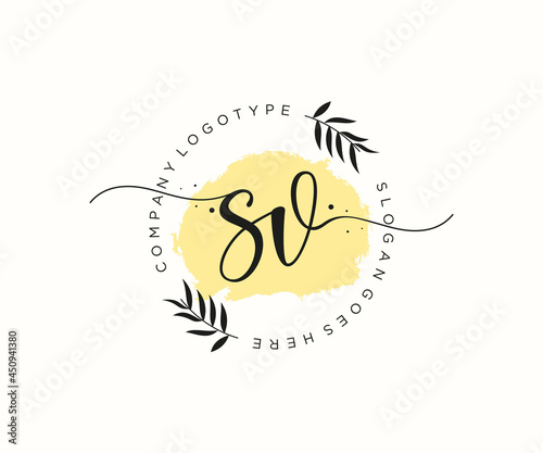 initial SV Feminine logo beauty monogram and elegant logo design, handwriting logo of initial signature, wedding, fashion, floral and botanical with creative template.