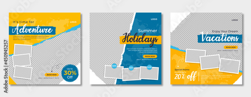 Travel business promotion web banner template design for social media. Travelling, tourism or summer holiday tour online marketing flyer, post or poster with abstract graphic background and logo. 