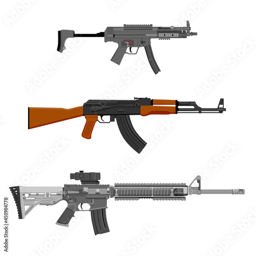 Weapon collection. AK Kalashnikov machine gun, m-16 and mp5