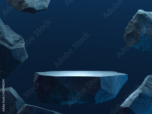 Black stones fly in space. Podium for display product. 3d illustration