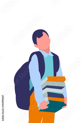 A faceless schoolboy stands with a backpack on his back and holds many textbooks in his hands.