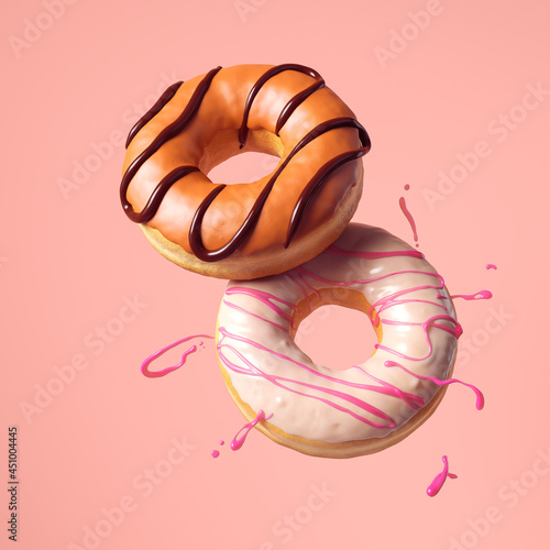 Flying donut or doughnuts isolate on color background. 3d rendering.