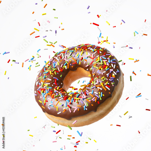 Flying Frosted sprinkled Chocolate donut or doughnut isolate on white background. 3d rendering.