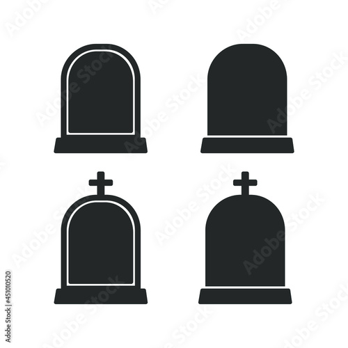 Gravestone with cross logo, tombstone icon, headstone silhouette vector clipart set. Simple flat modern design.