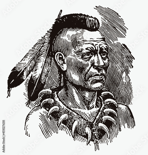 Portrait of Wendat warrior wearing claw necklace and feathers, after antique engraving from early 20c