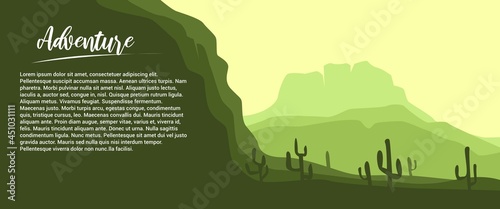 Mountain and HIlls landscape vector illustration with sun, text sample and cactus trees. Nature landscape vector illustration. Used for background, backdrop, desktop background.