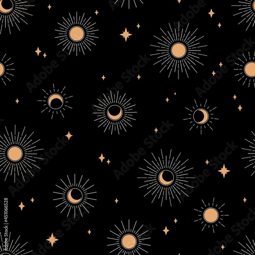 Seamless pattern with sun and moon on black background. Bohemian contemporary composition. Boho wall decor. Mid century art print. Trendy texture for print, textile, packaging.